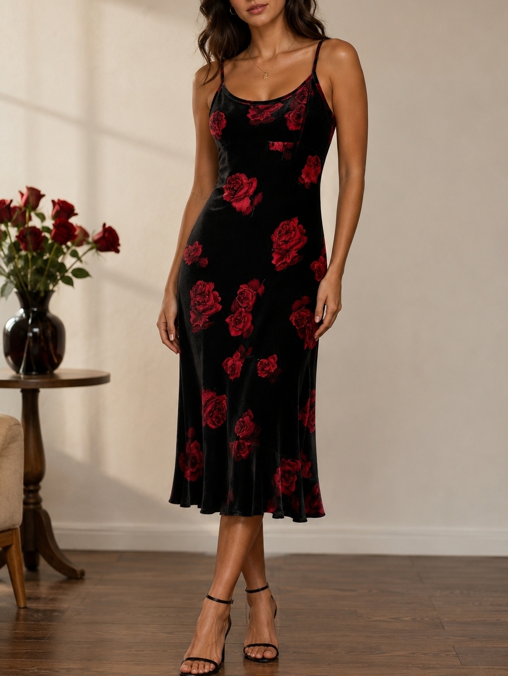 Vintage Black Velvet Slip Dress with Red Rose Print